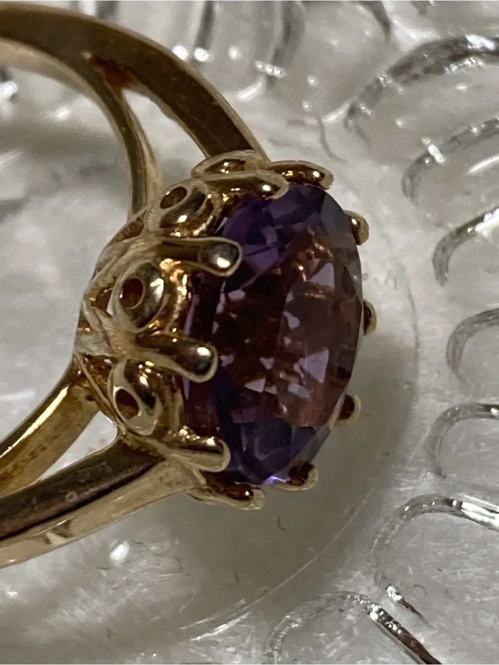 Vintage SS Gold Colored Ring with Purple Round Gemstone